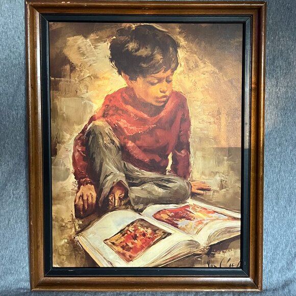 print of A Small Boy Reading a Book by Robert Van Cleef - Picture 1 of 6